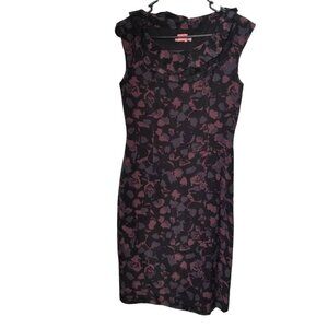 Classiques Entier Purple Black Floral Silk Sleeveless Sheath Dress Ruffle Collar
